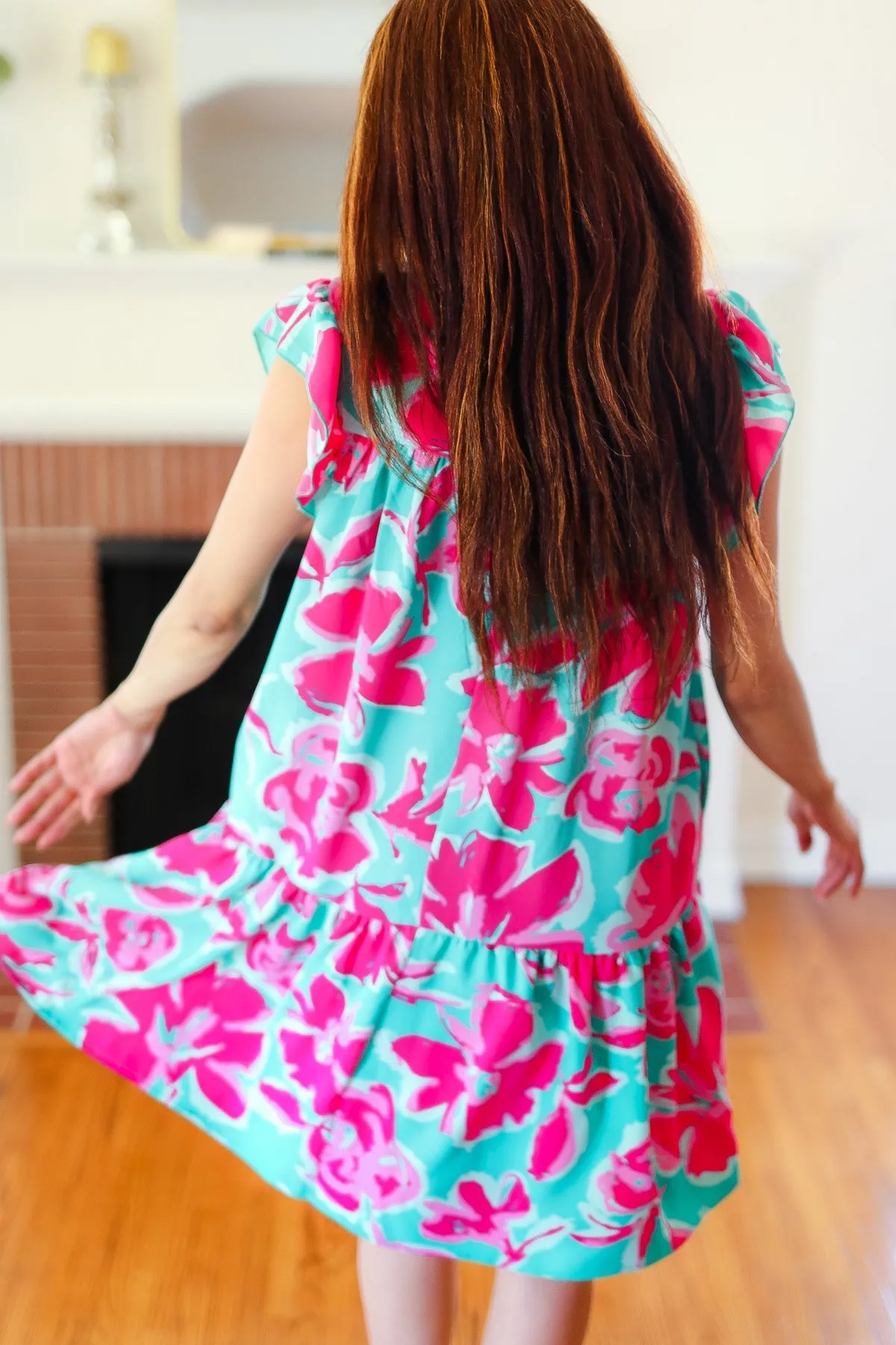 Diva Dreaming Aqua & Fuchsia Floral Print Tiered Ruffle Sleeve Dress sold by Charming Charlie product image thumbnail 3