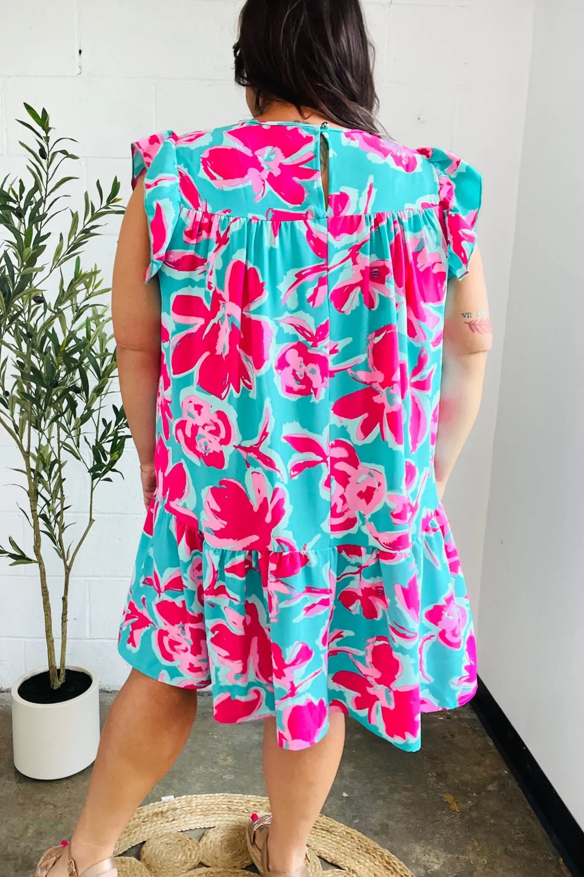 Diva Dreaming Aqua & Fuchsia Floral Print Tiered Ruffle Sleeve Dress sold by Charming Charlie product image thumbnail 4