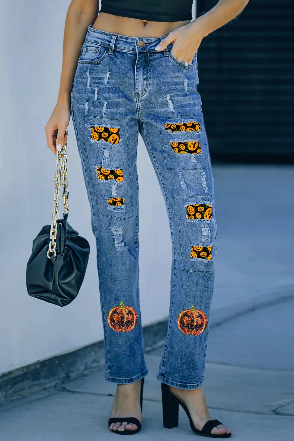 Pumpkin Distressed Straight Jeans sold by Charming Charlie