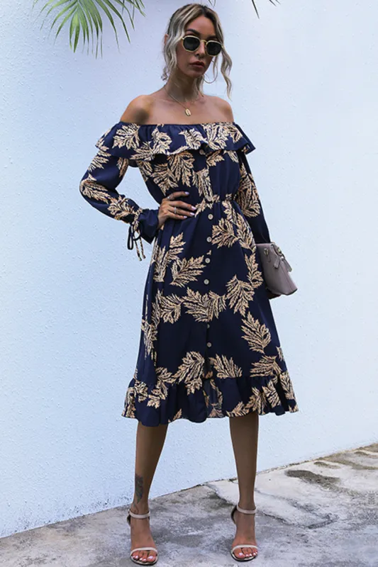 Ruffled Printed Off-Shoulder Midi Dress sold by Charming Charlie