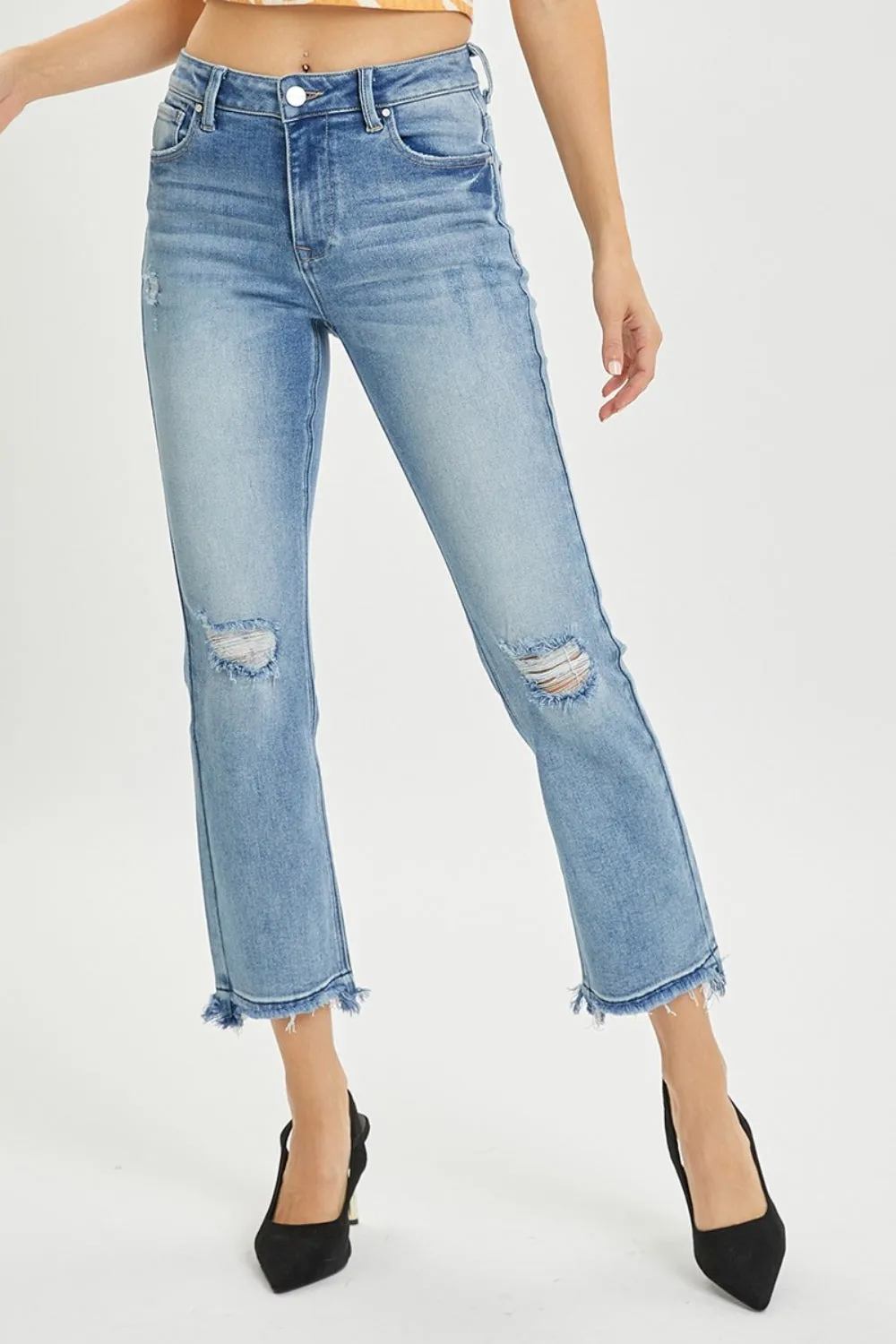 RISEN Full Size High Rise Distressed Cropped Straight Jeans sold by Charming Charlie