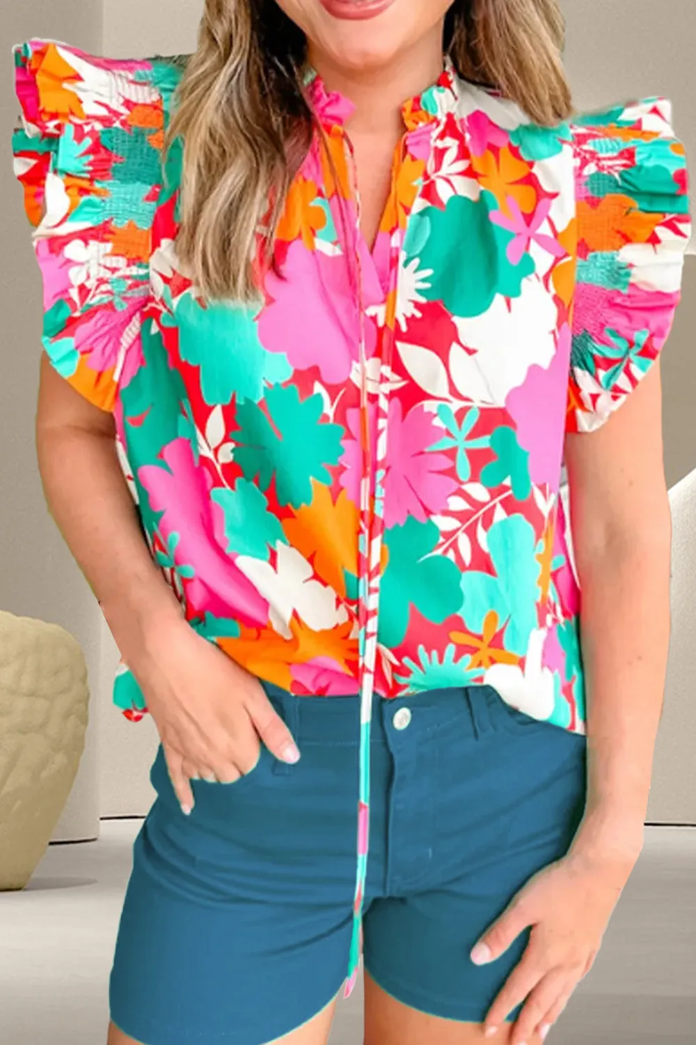 Printed Tie Neck Cap Sleeve Blouse sold by Charming Charlie