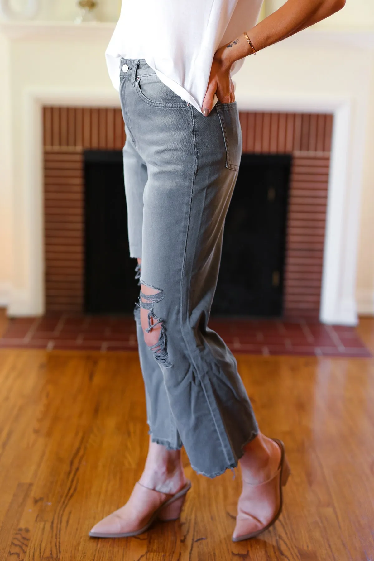 Cut Loose Ash Black High Rise Washed Distressed Cropped Pants sold by Charming Charlie product image thumbnail 4