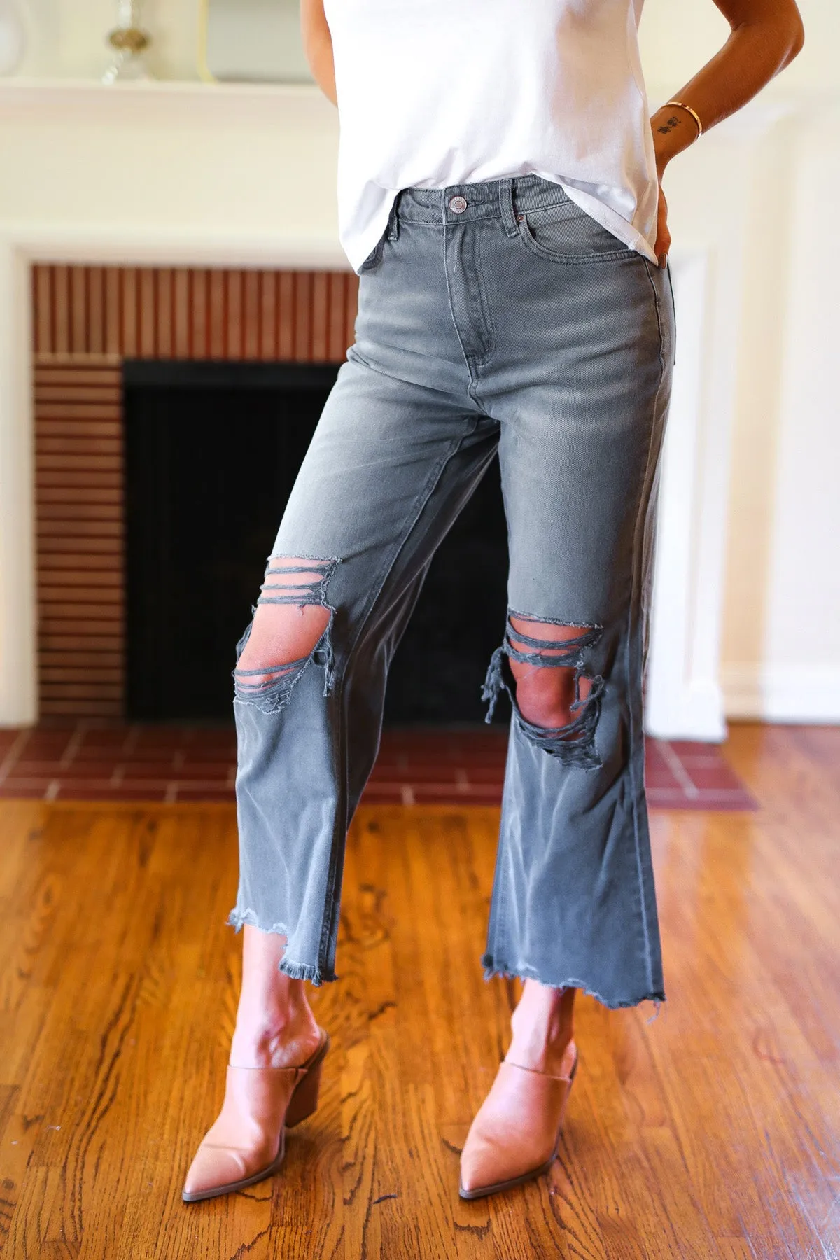 Cut Loose Ash Black High Rise Washed Distressed Cropped Pants sold by Charming Charlie