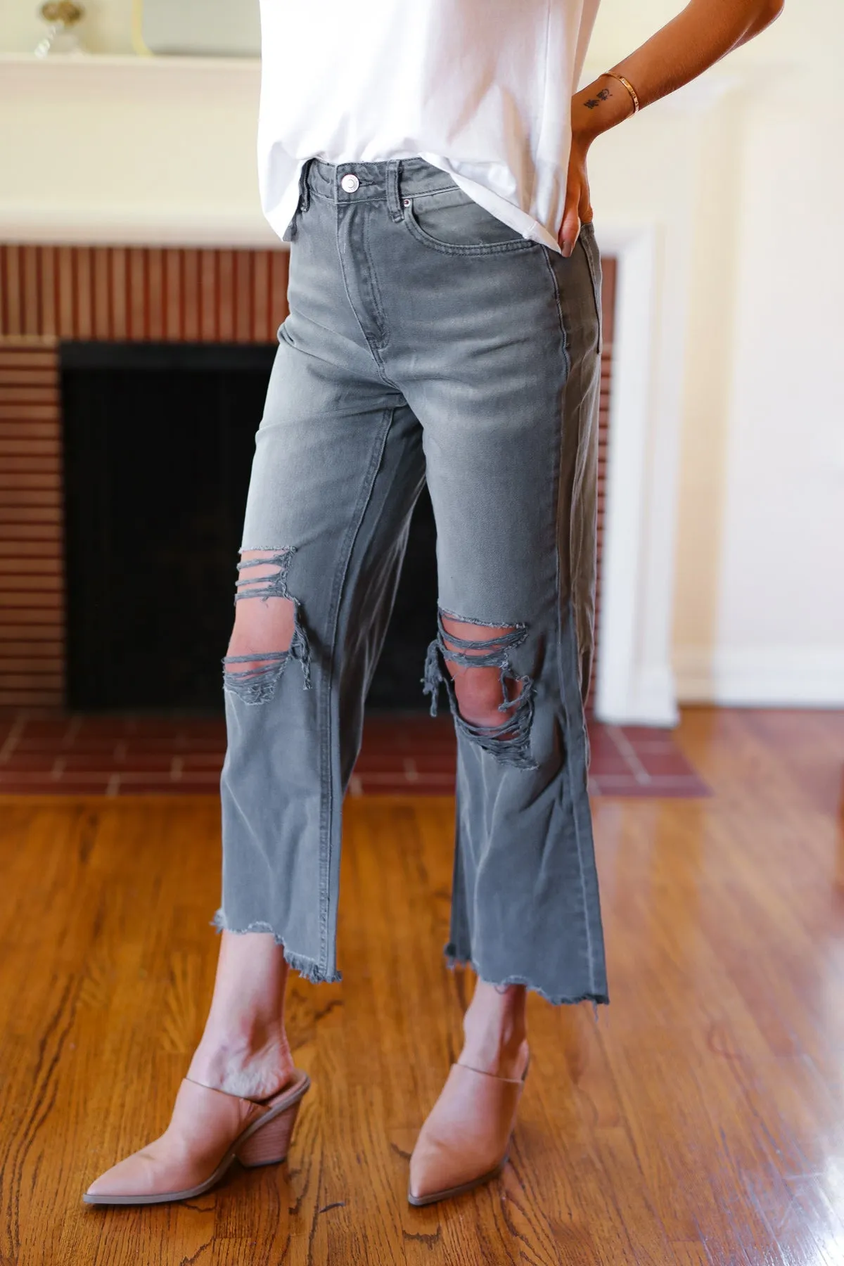 Cut Loose Ash Black High Rise Washed Distressed Cropped Pants sold by Charming Charlie product image thumbnail 5