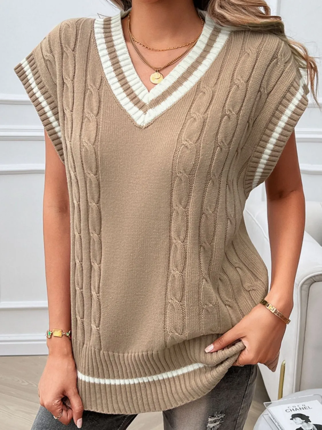 Cable-Knit V-Neck Sweater Vest sold by Charming Charlie