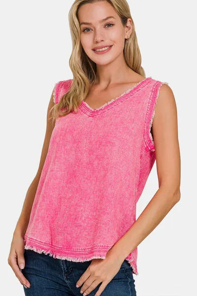Zenana Washed Linen Raw Hem V-Neck Tank sold by Charming Charlie