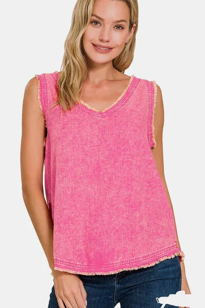 Zenana Washed Linen Raw Hem V-Neck Tank sold by Charming Charlie product image thumbnail 3
