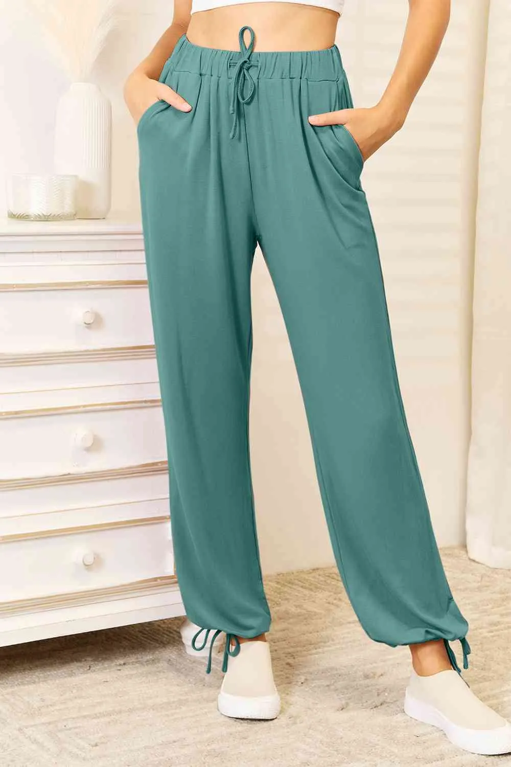 Basic Bae Full Size Soft Rayon Drawstring Waist Pants with Pockets sold by Charming Charlie