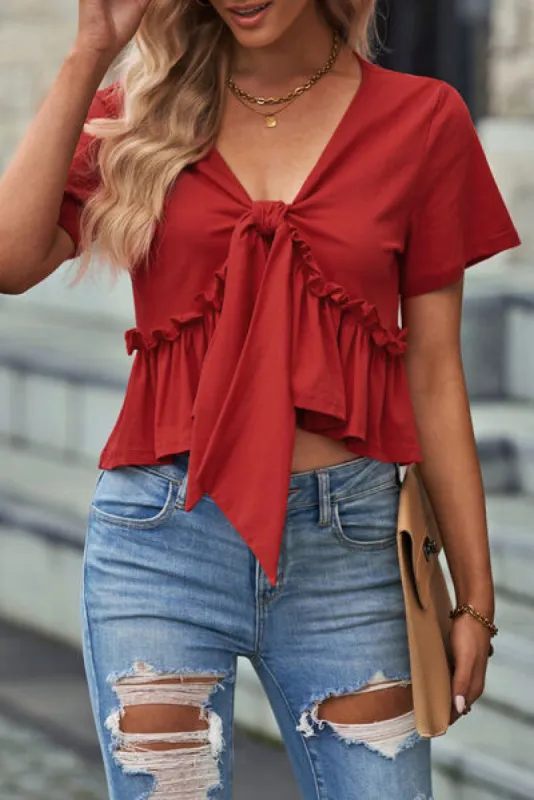 Frill Ruched V-Neck Short Sleeve T-Shirt sold by Charming Charlie