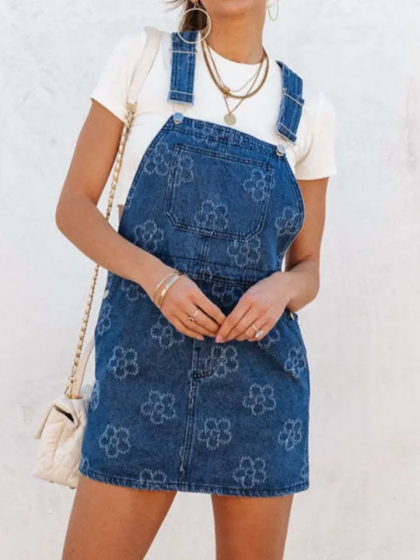Flower Wide Strap Denim Overall Dress with Pockets sold by Charming Charlie