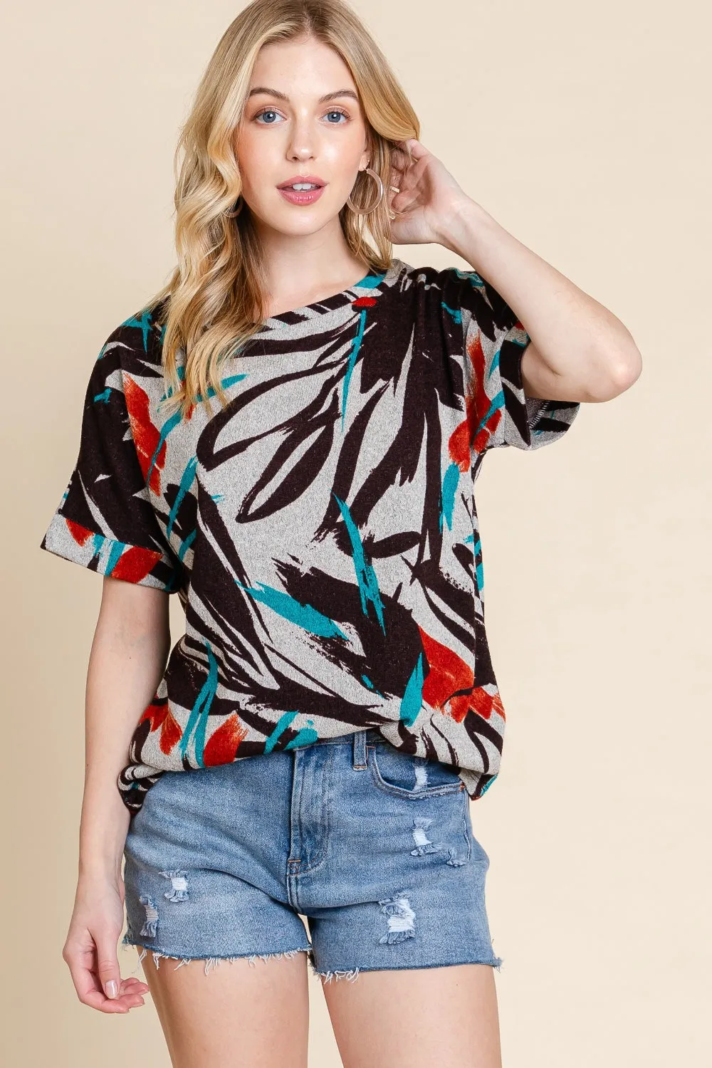 BOMBOM Printed Round Neck Short Sleeve T-Shirt sold by Charming Charlie