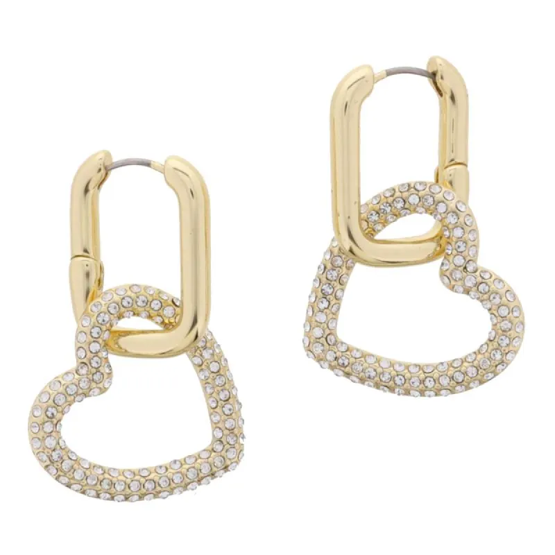 18K Gold Plated Rectangle Oval Huggie Linked with Crystal Pave Heart Earrings, 1.65" Top to Bottom sold by Charming Charlie