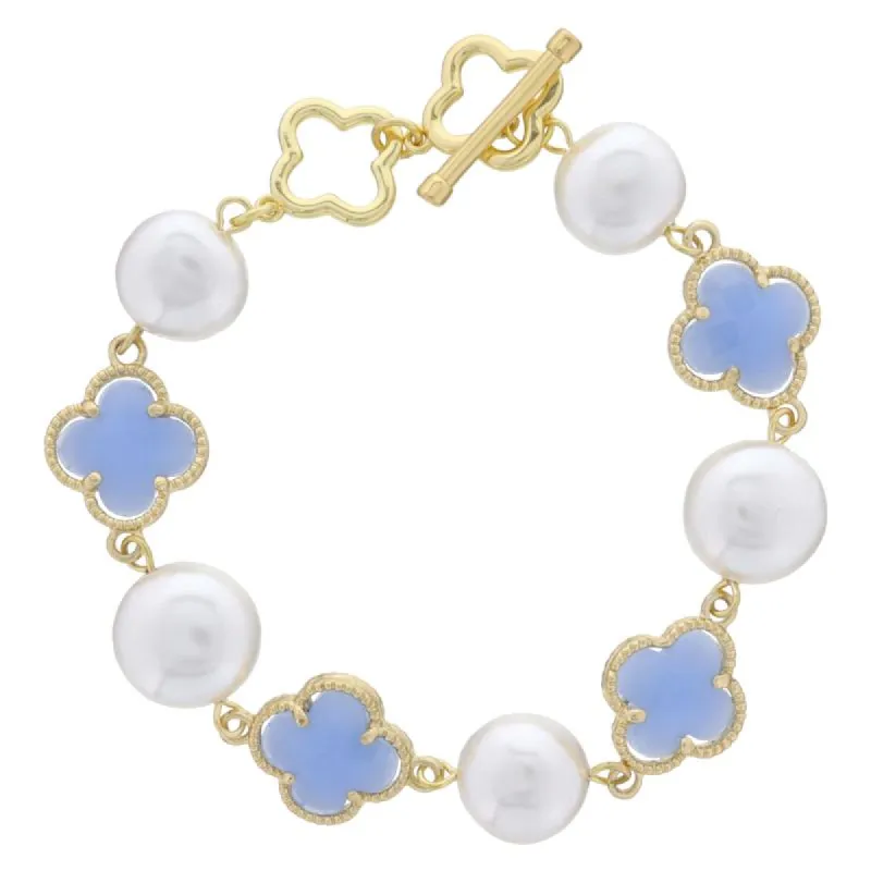 18K Gold Plated Alternating Coin Pearls and Light Blue Quartz Clovers Bracelet, .5", .65" Pendants sold by Charming Charlie