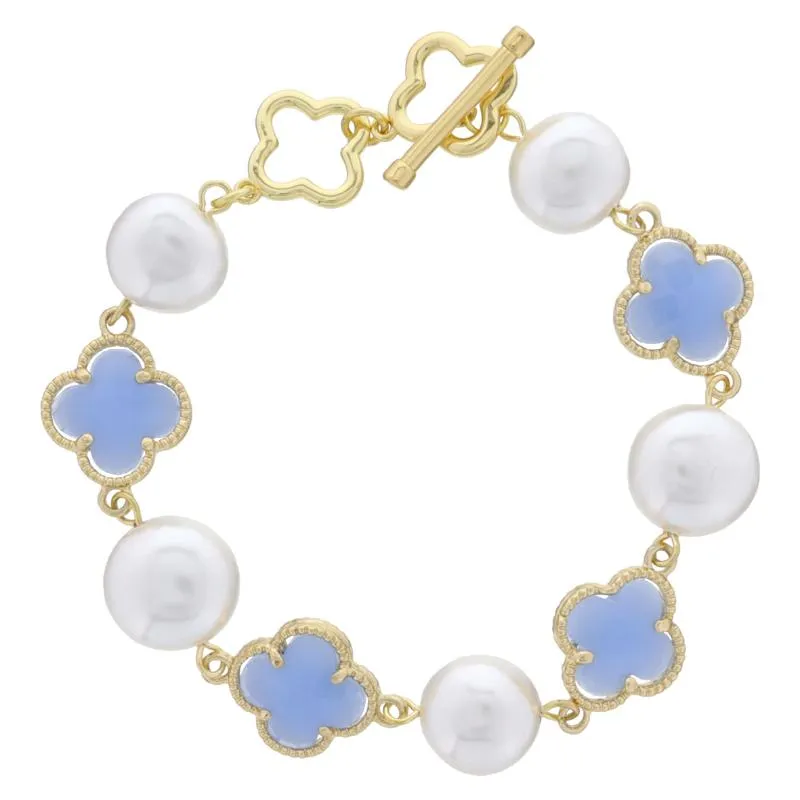 18K Gold Plated Alternating Coin Pearls and Light Blue Quartz Clovers Bracelet, .5", .65" Pendants sold by Charming Charlie