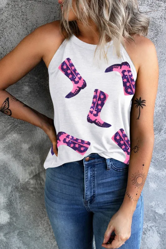 Sequin Boots Print Round Neck Tank sold by Charming Charlie