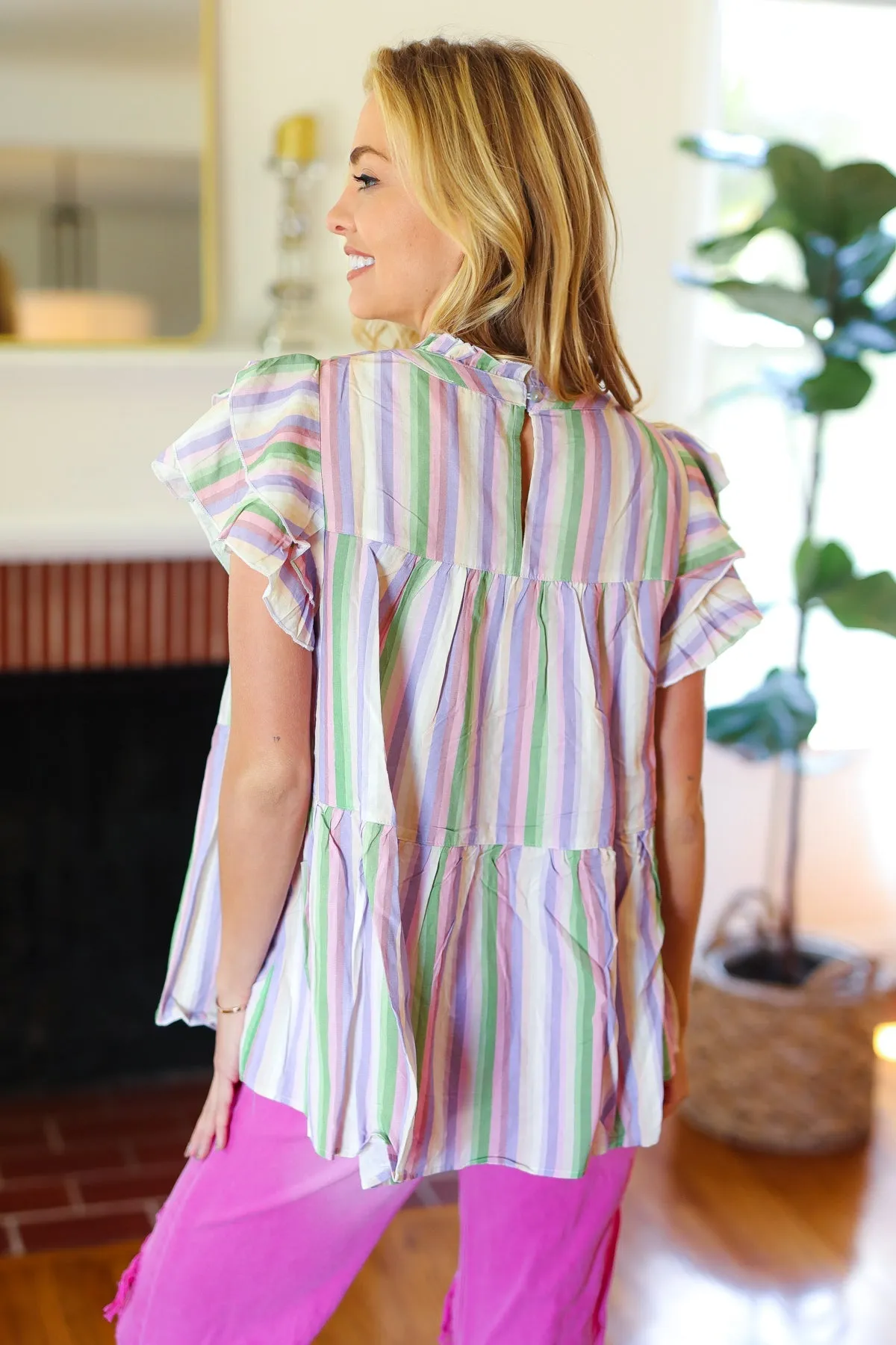 Easy To Love Lavender Stripe Double Ruffle Sleeve Frill Tiered Top sold by Charming Charlie product image thumbnail 3