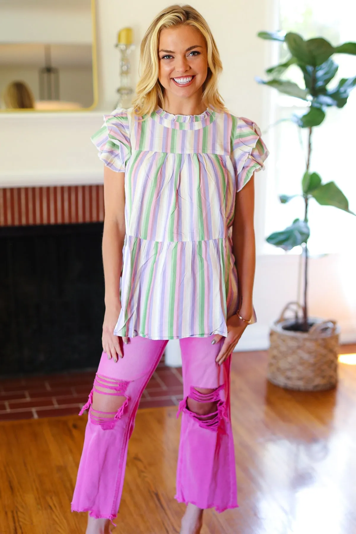 Easy To Love Lavender Stripe Double Ruffle Sleeve Frill Tiered Top sold by Charming Charlie product image thumbnail 2