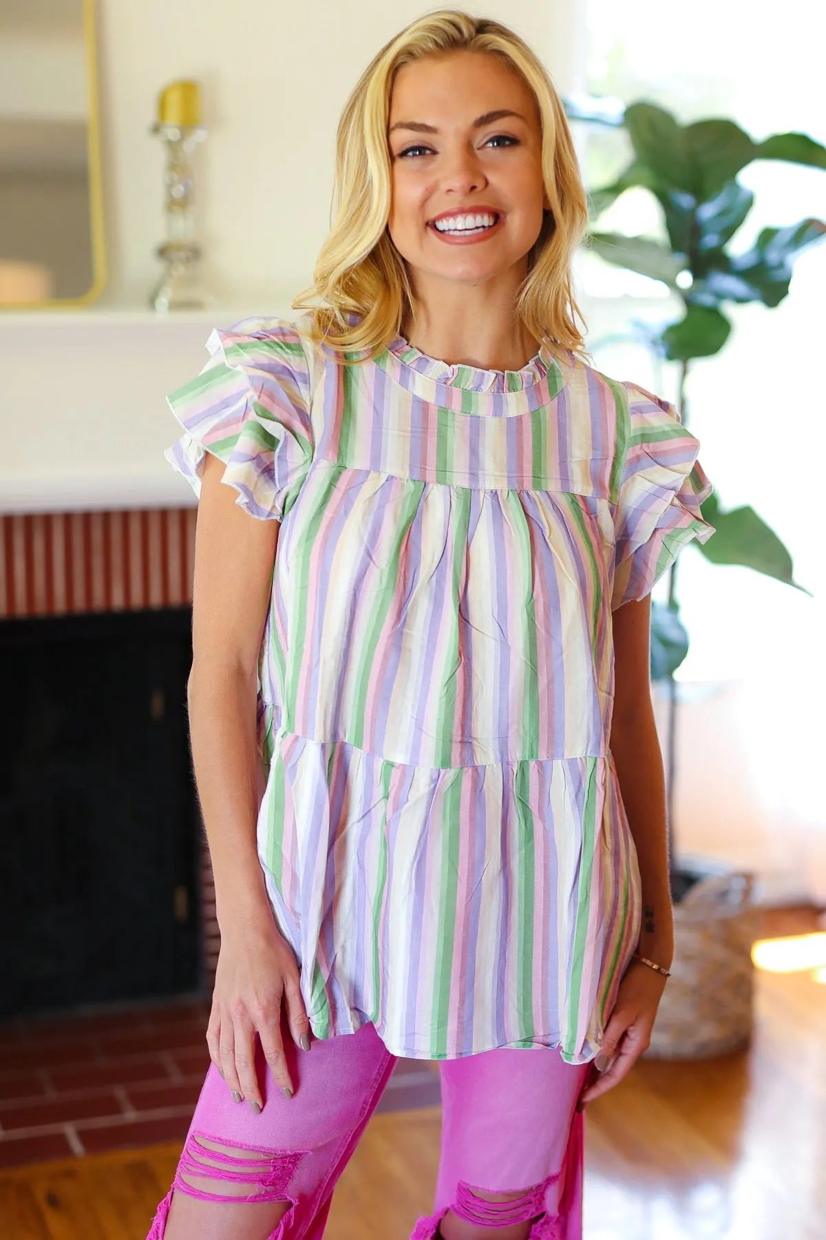 Easy To Love Lavender Stripe Double Ruffle Sleeve Frill Tiered Top sold by Charming Charlie