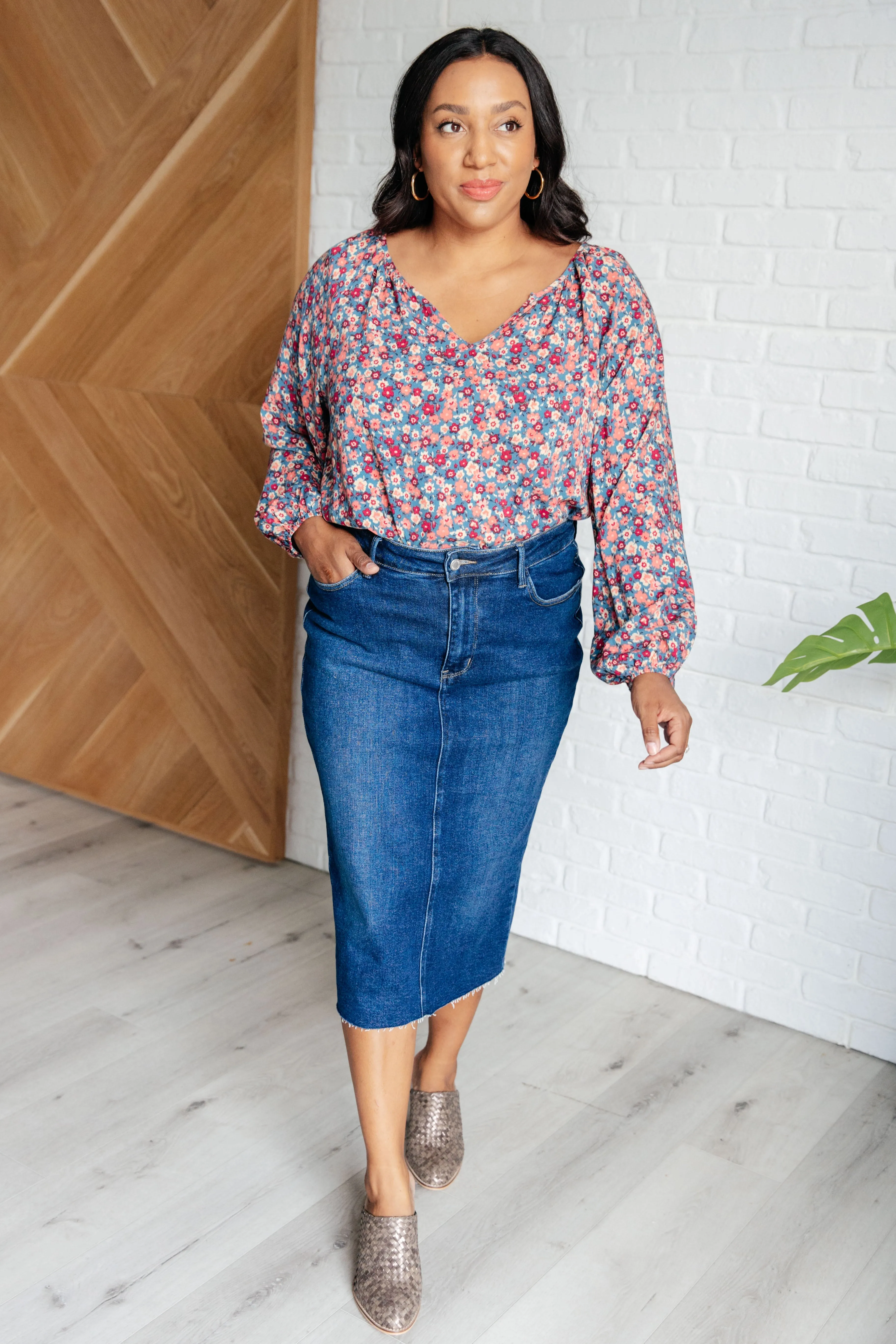 Sunday Brunch Blouse in Denim Floral sold by Charming Charlie product image thumbnail 3