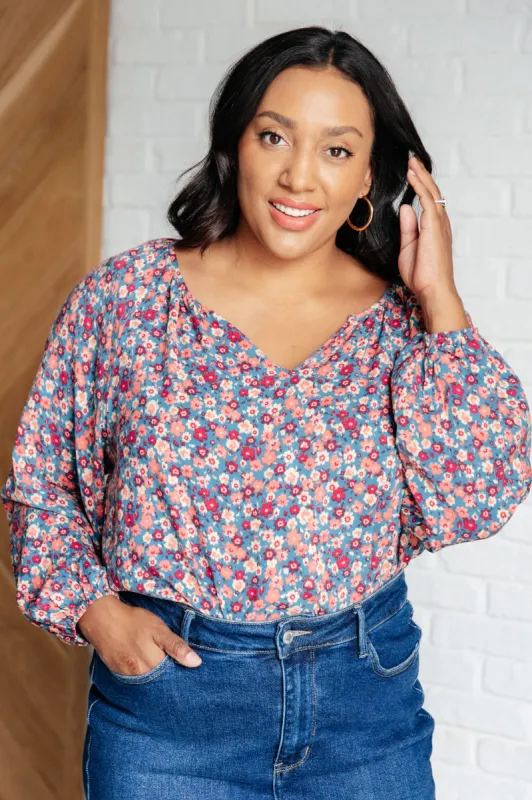 Sunday Brunch Blouse in Denim Floral sold by Charming Charlie