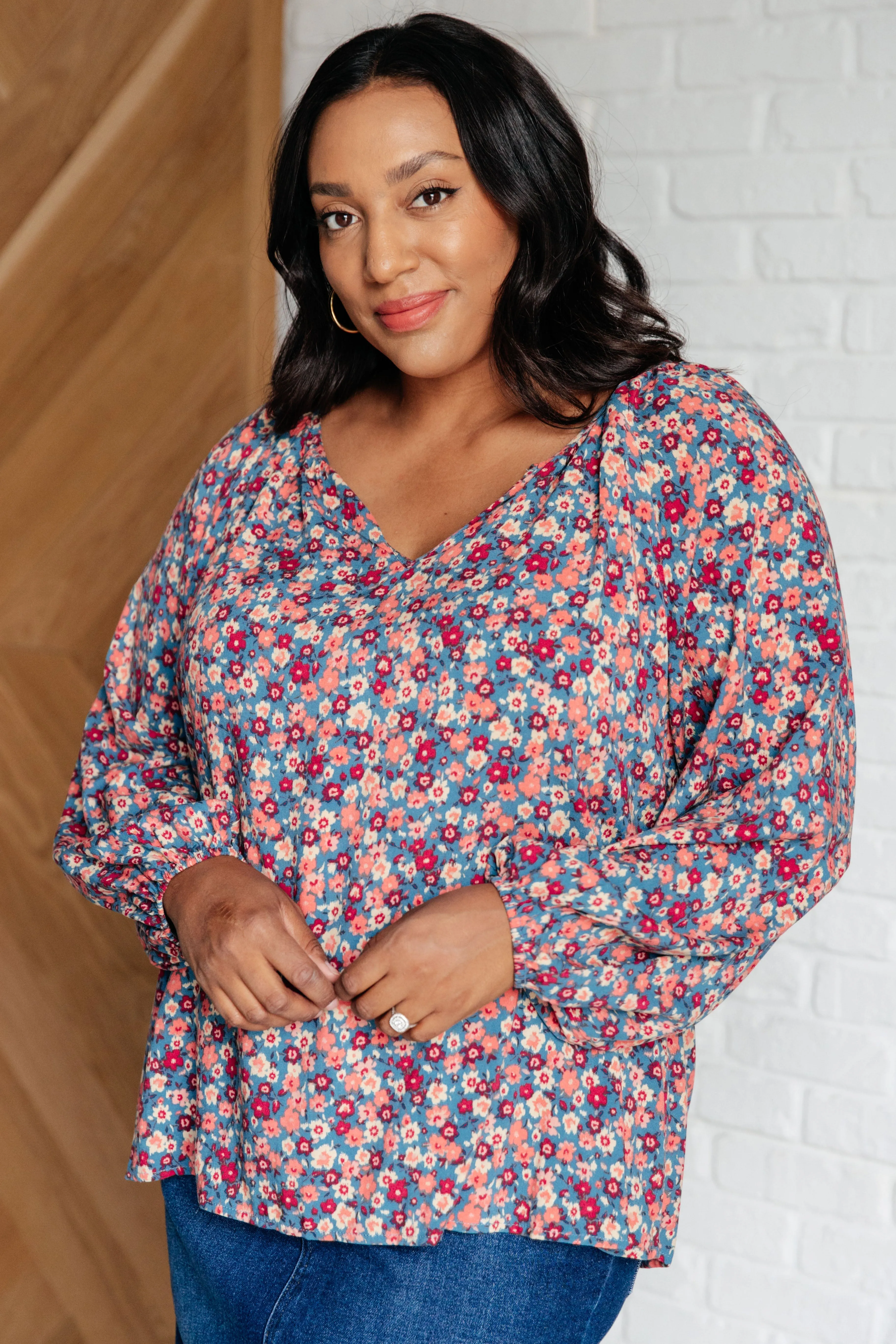 Sunday Brunch Blouse in Denim Floral sold by Charming Charlie product image thumbnail 5