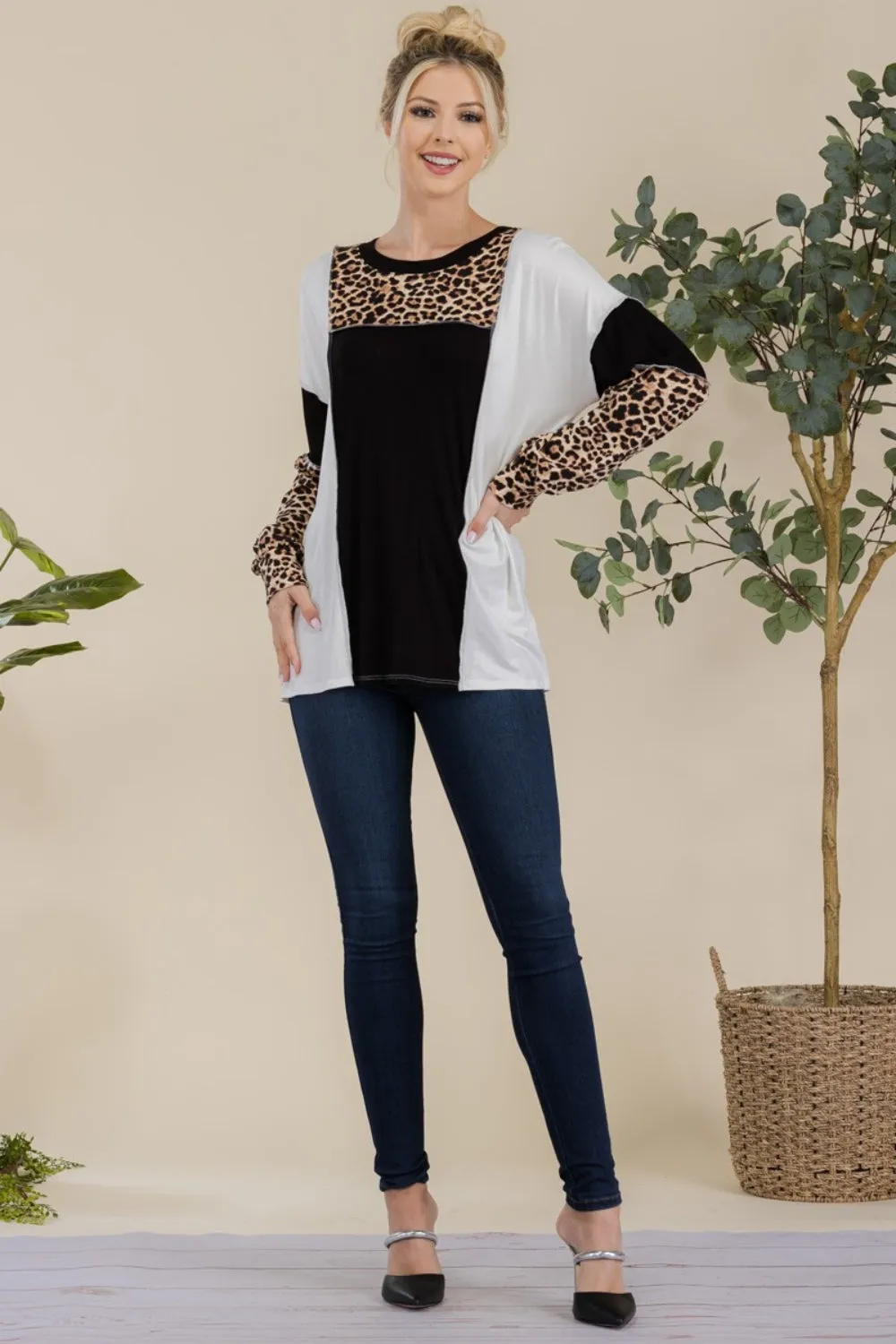 Celeste Full Size Leopard Color Block Exposed Seam T-Shirt sold by Charming Charlie product image thumbnail 5