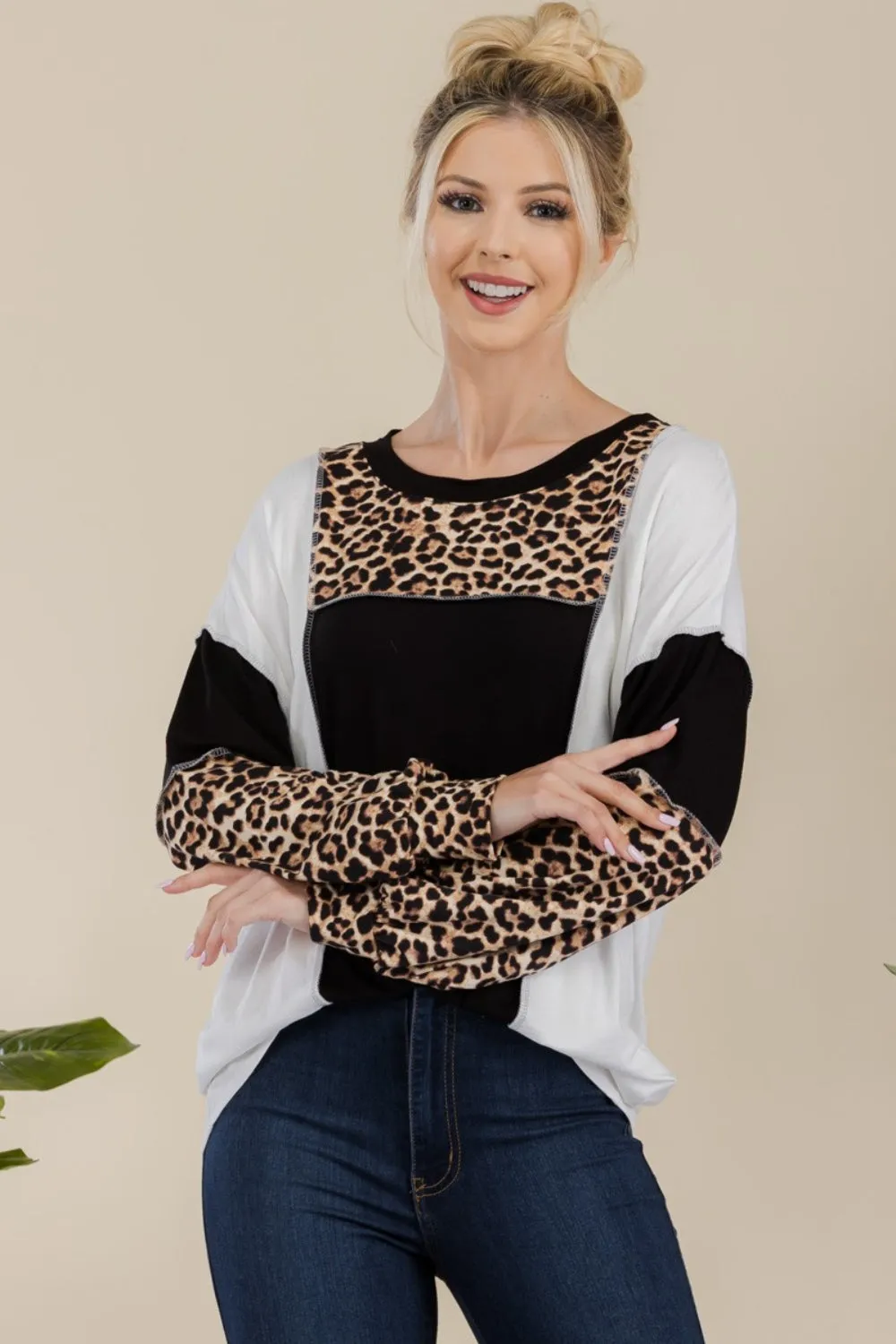 Celeste Full Size Leopard Color Block Exposed Seam T-Shirt sold by Charming Charlie product image thumbnail 3