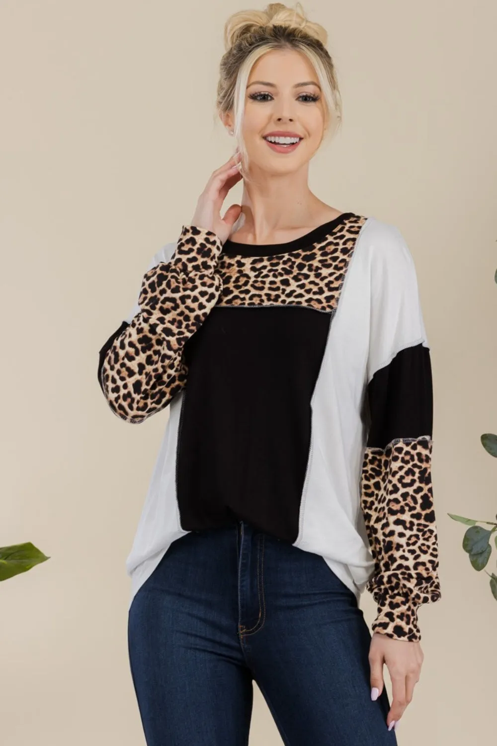 Celeste Full Size Leopard Color Block Exposed Seam T-Shirt sold by Charming Charlie product image thumbnail 4