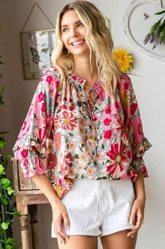 First Love Printed Tie Neck Flounce Sleeve Blouse sold by Charming Charlie