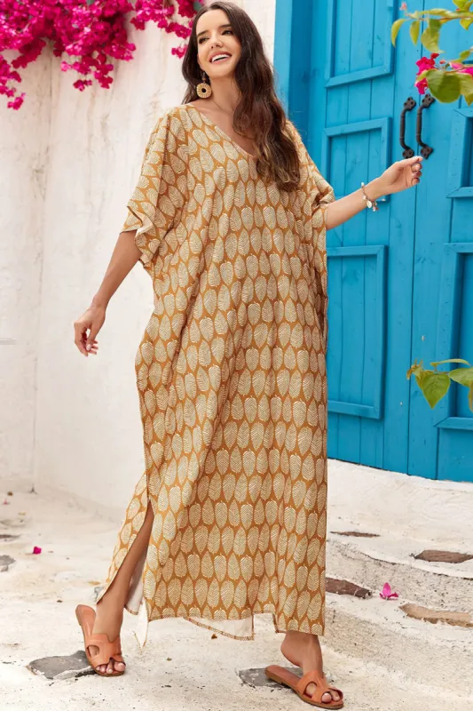 Slit Printed V-Neck Half Sleeve Cover Up sold by Charming Charlie