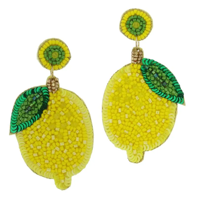 Yellow and Green Beaded Post Sequin and Beaded Lemon Earrings, 2.75" Top to Bottom sold by Charming Charlie
