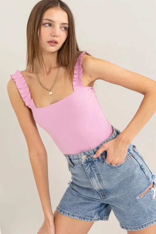 Ribbed Ruffle Strap Bodysuit sold by Charming Charlie