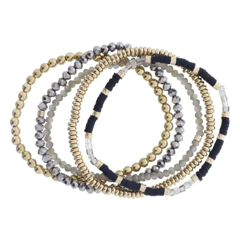Set of 5 Coordinating Black, Greige, Gold Beaded Bracelets, 8" Around sold by Charming Charlie
