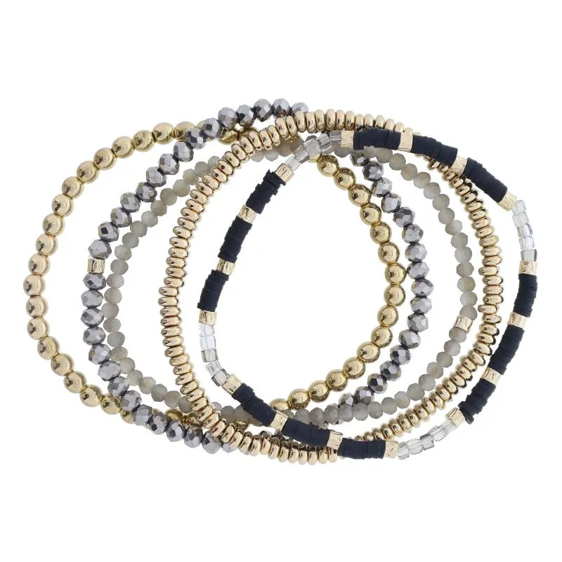 Set of 5 Coordinating Black, Greige, Gold Beaded Bracelets, 8" Around sold by Charming Charlie