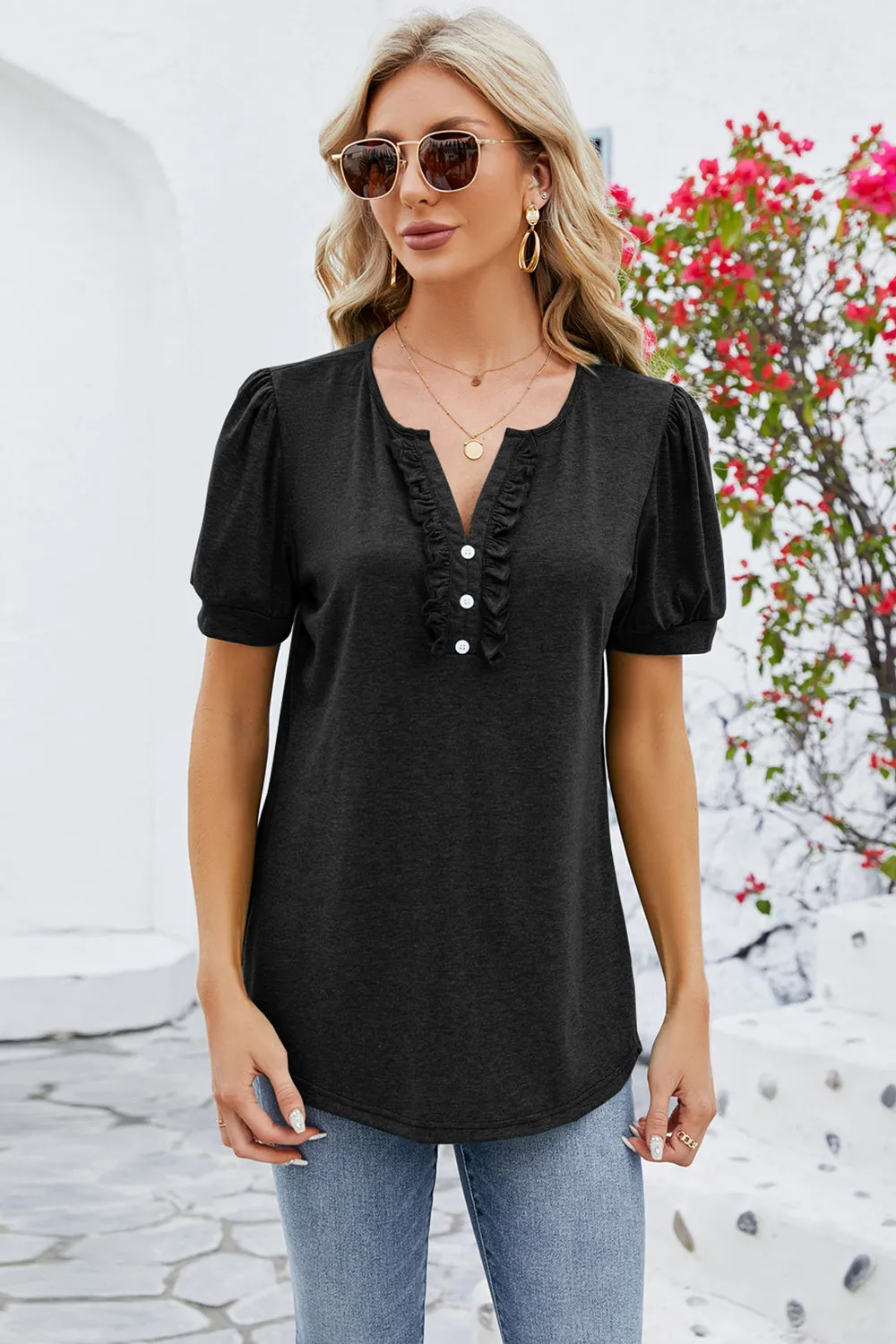Frill Notched Short Sleeve Blouse sold by Charming Charlie product image thumbnail 3