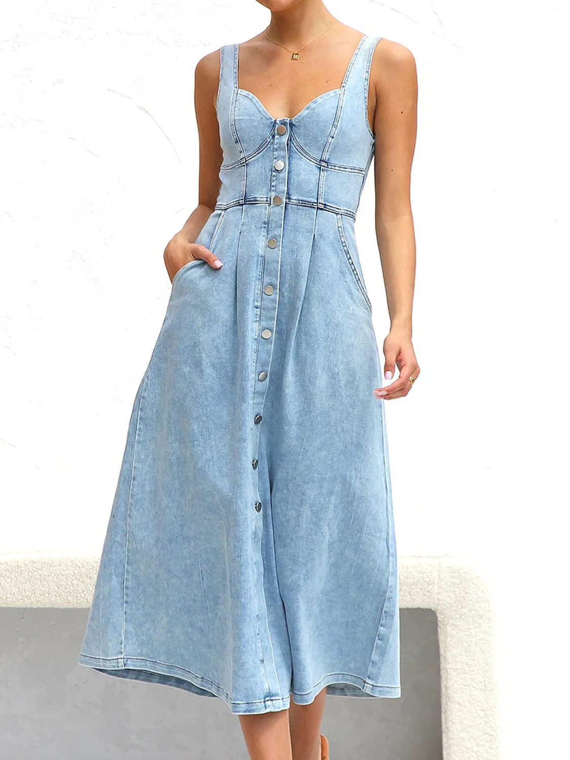Sweetheart Neck Wide Strap Denim Dress sold by Charming Charlie