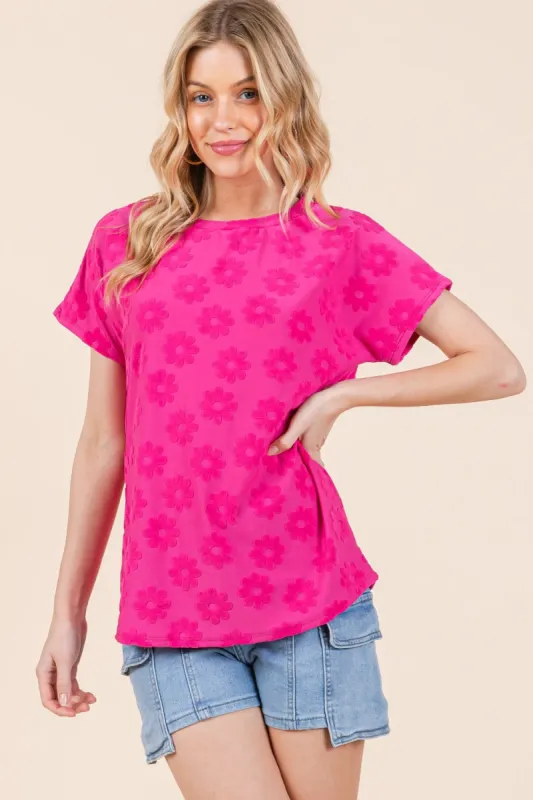 BOMBOM Textured Floral Pattern Short Sleeve T-Shirt sold by Charming Charlie