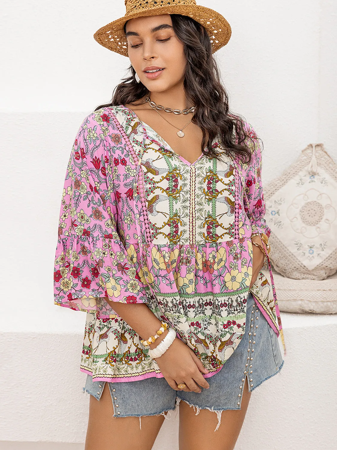 Plus Size Ruched Printed Tie Neck Three-Quarter Sleeve Blouse sold by Charming Charlie product image thumbnail 4