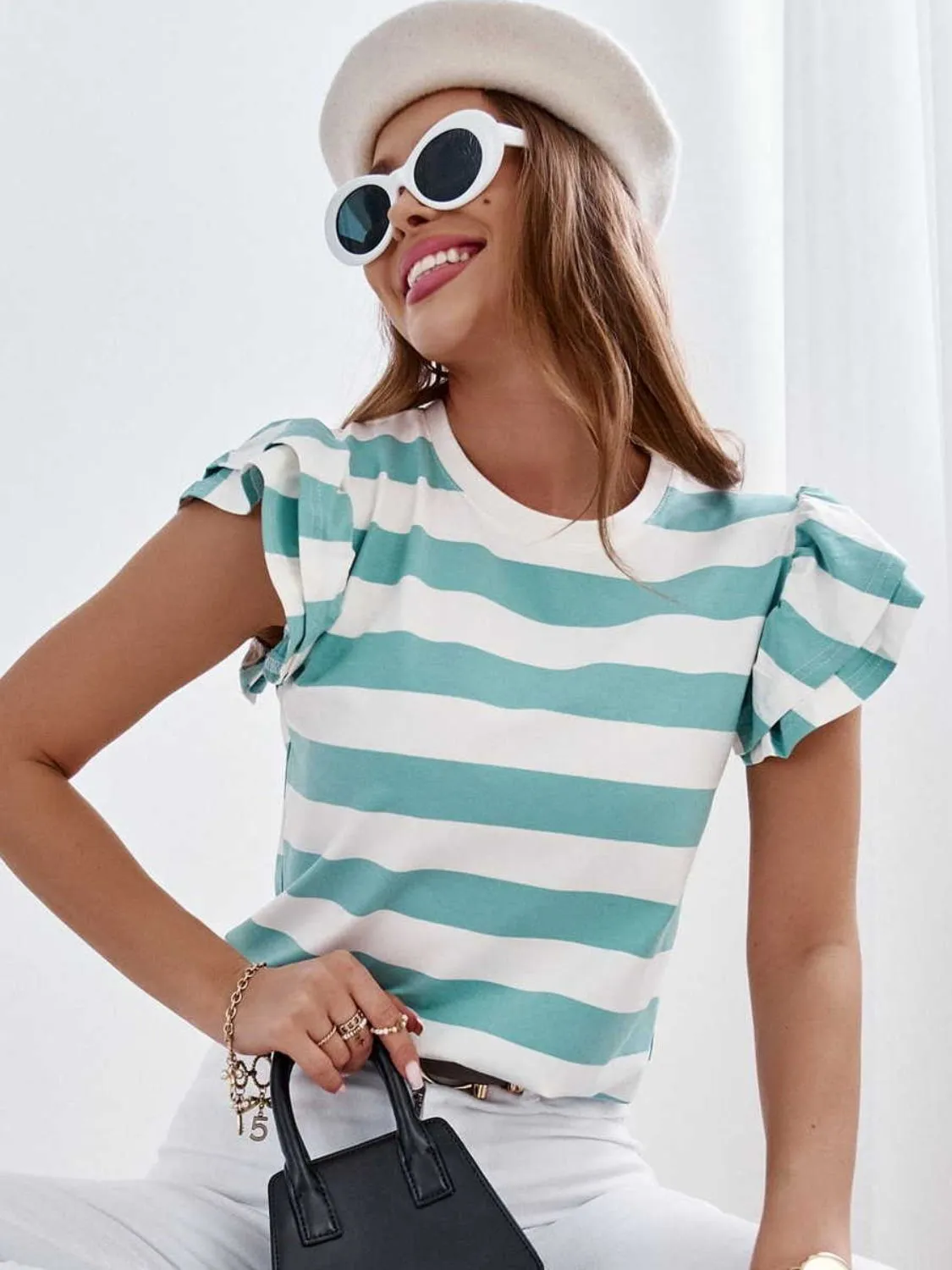 Full Size Striped Round Neck Cap Sleeve T-Shirt sold by Charming Charlie product image thumbnail 4
