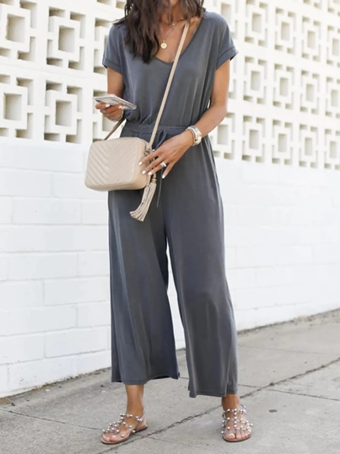 V-Neck Short Sleeve Jumpsuit sold by Charming Charlie product image thumbnail 3