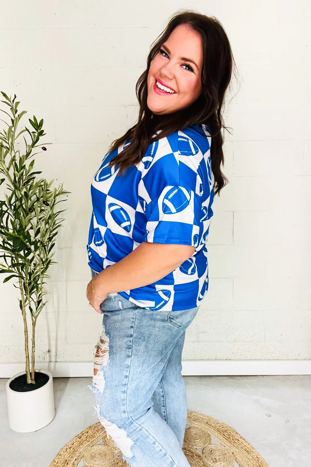 Turn Up The Volume Blue Football Checker Print Top sold by Charming Charlie product image thumbnail 5