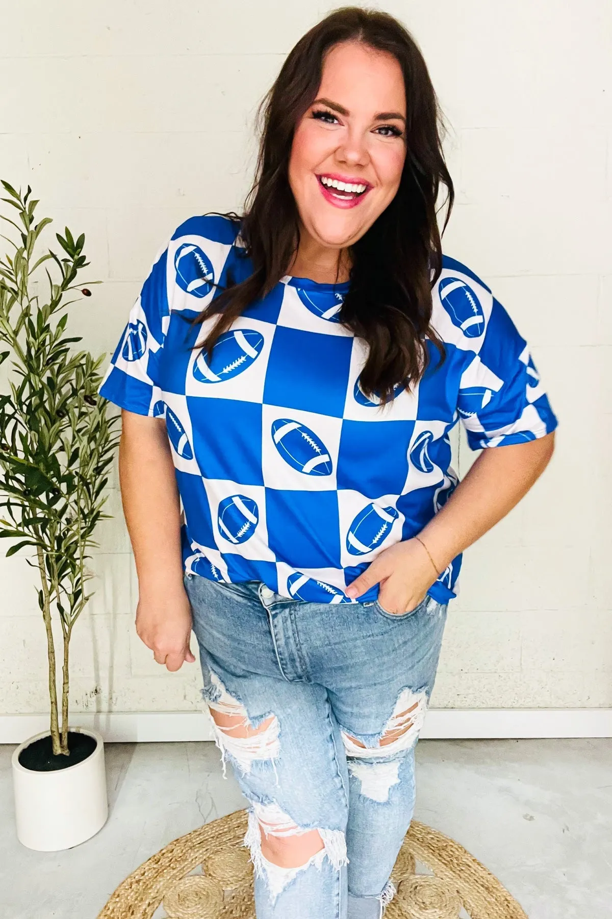 Turn Up The Volume Blue Football Checker Print Top sold by Charming Charlie product image thumbnail 3