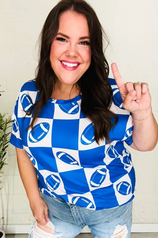 Turn Up The Volume Blue Football Checker Print Top sold by Charming Charlie