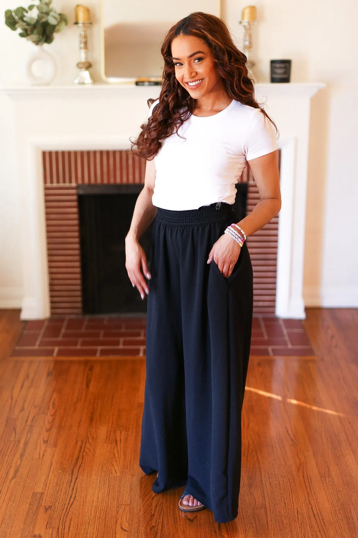 Everyday Black Smocked Waist Palazzo Pants sold by Charming Charlie product image thumbnail 2