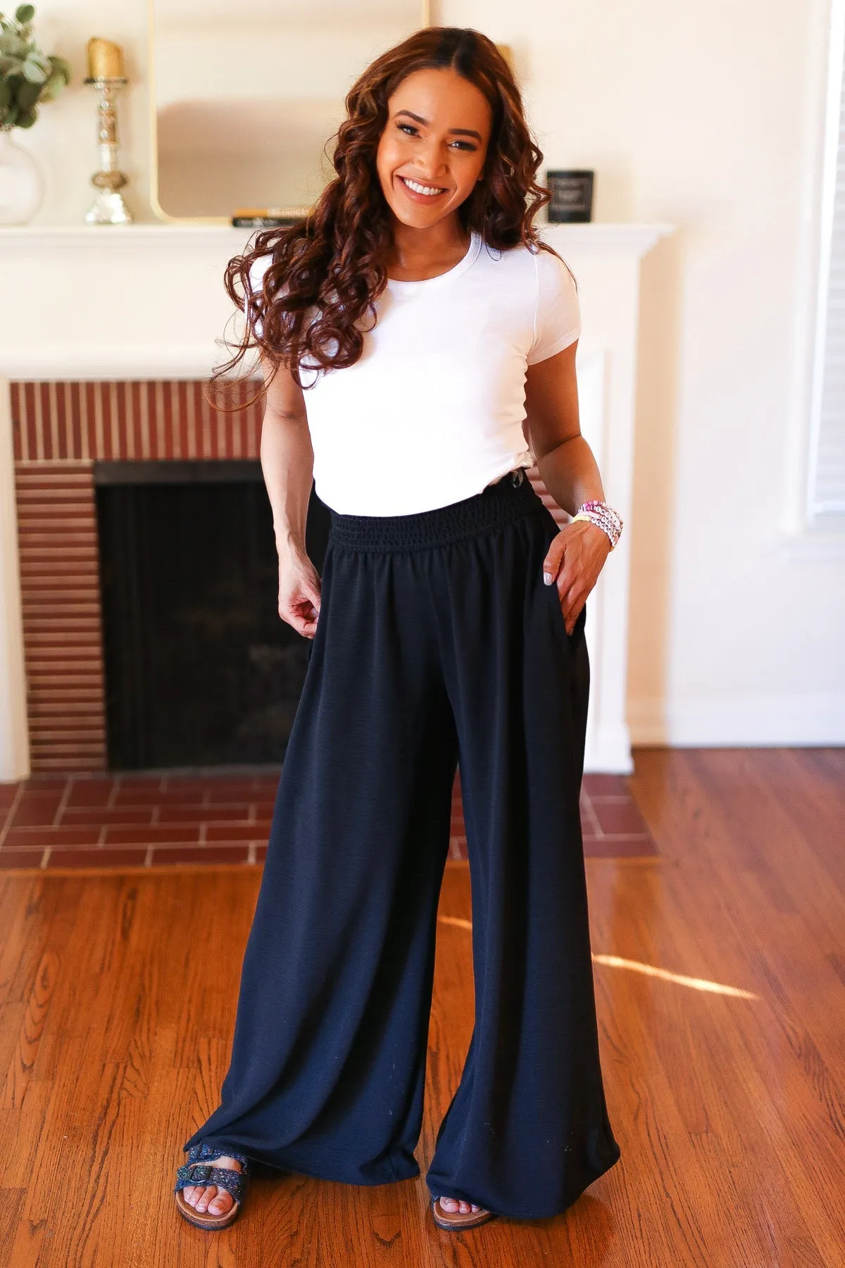 Everyday Black Smocked Waist Palazzo Pants sold by Charming Charlie product image thumbnail 5