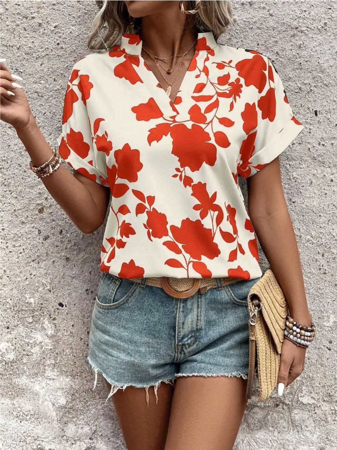 Flower Notched Short Sleeve Blouse sold by Charming Charlie product image thumbnail 3