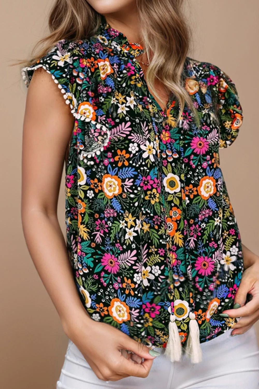 Tassel Printed Cap Sleeve Blouse sold by Charming Charlie
