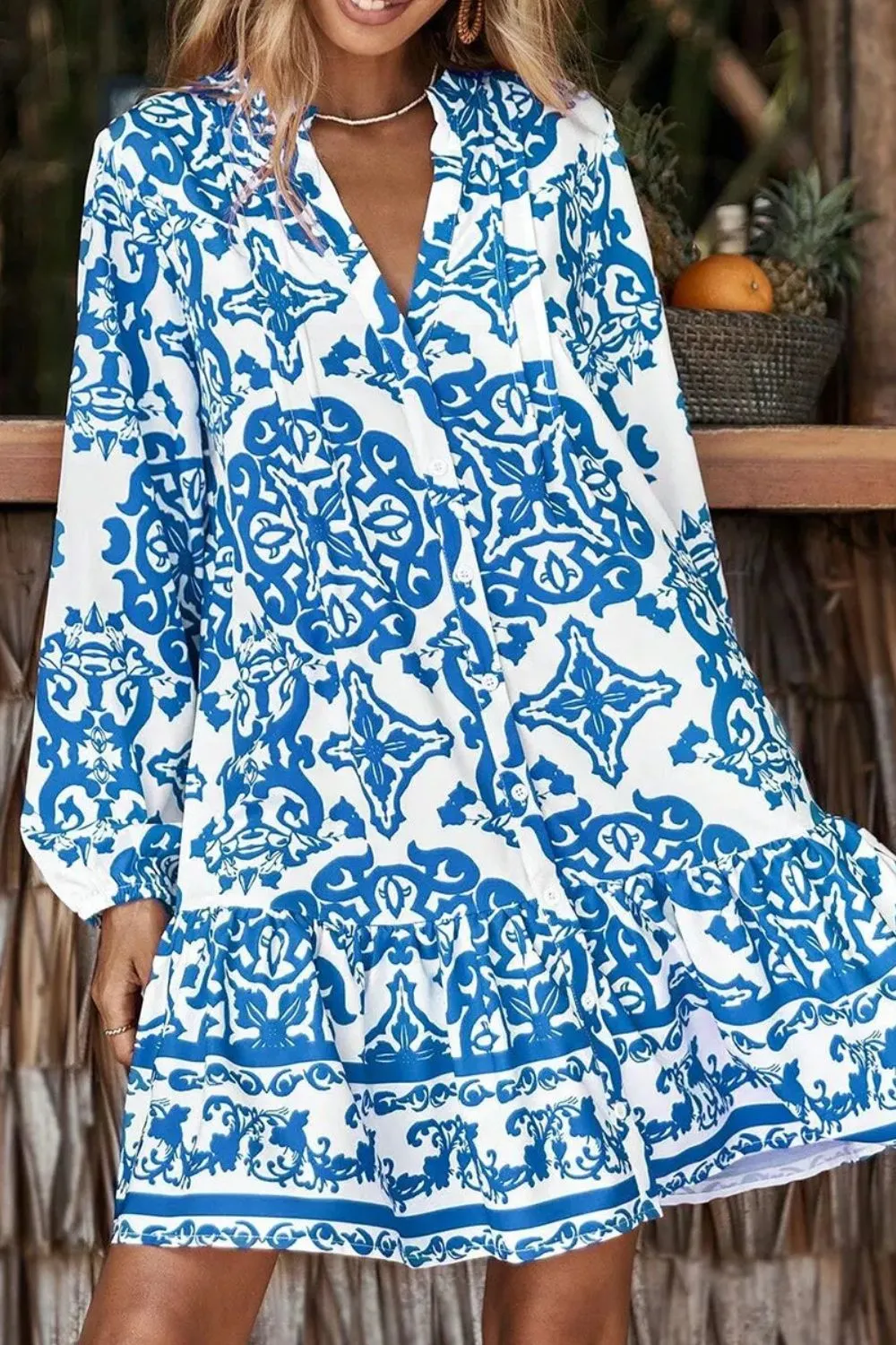 Ruffled Printed Notched Long Sleeve Dress sold by Charming Charlie product image thumbnail 2