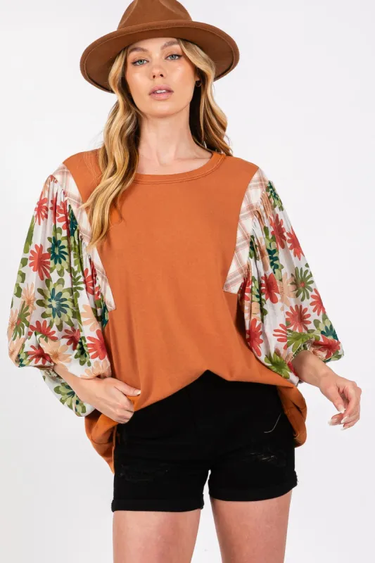 SAGE + FIG Full Size Printed Balloon Sleeve Contrast Top sold by Charming Charlie